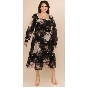 WINSLOW Puff Shoulder/Sq Neckline/ flowy maxi dress / Black Floral Print